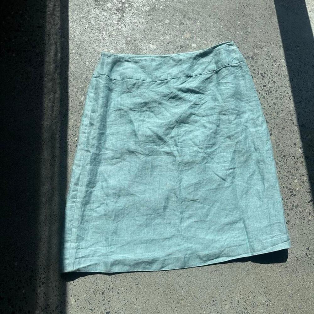 Le Suit Petite 100% Linen Aqua Blue Midi Skirt Size 12P
